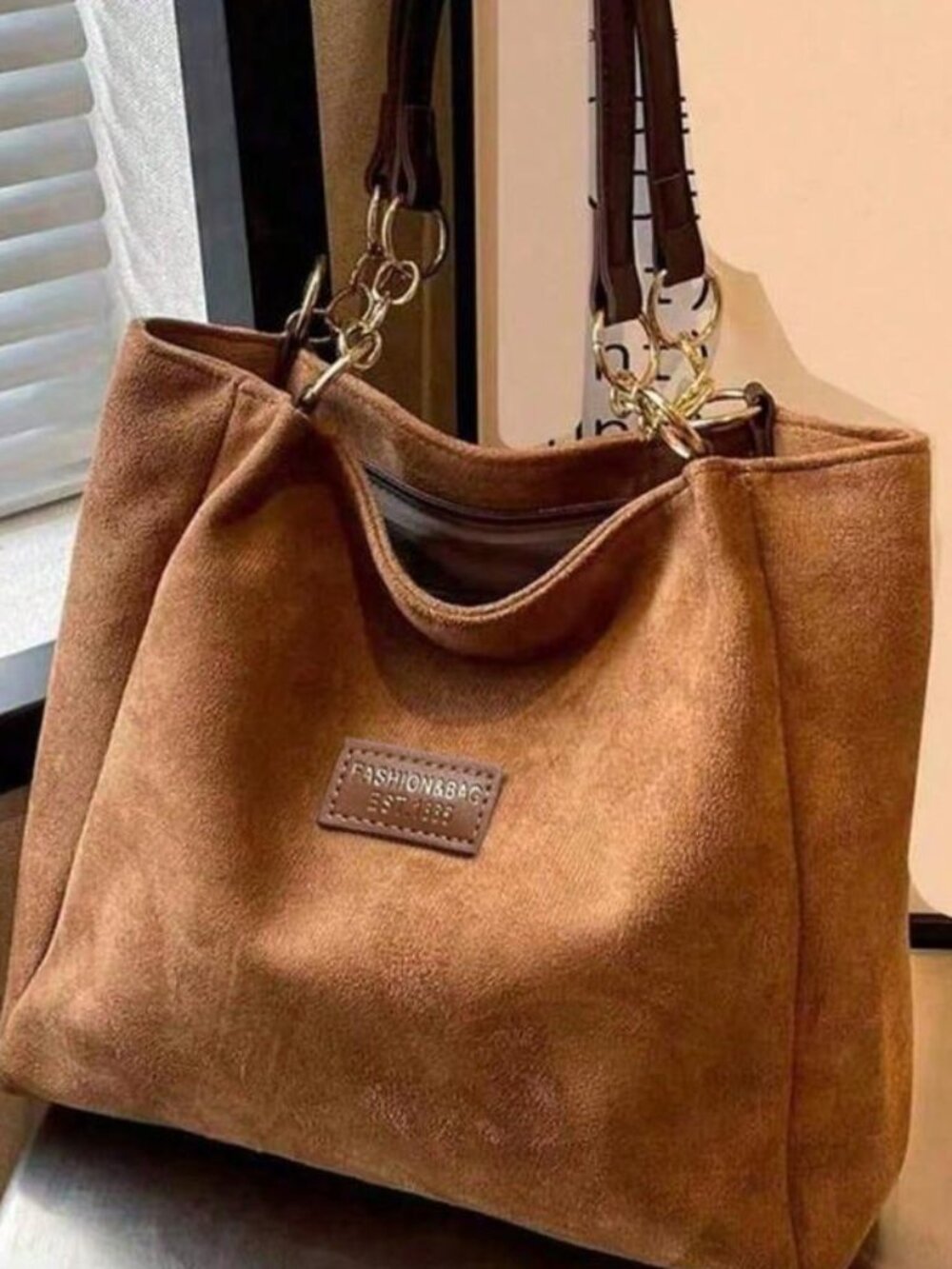Local1pc Solid Color Faux Suede Tote Bag,Large Capacity Shoulder Handbag With